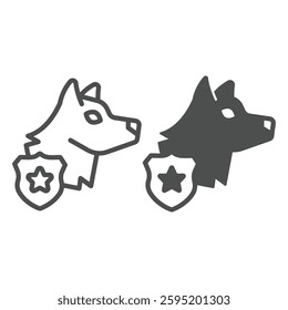 Search dog with police badge line and solid icon, law enforcement concept. Vector graphics. Dog with safety emblem, pet animal sign on white background, outline style icon for mobile or web design