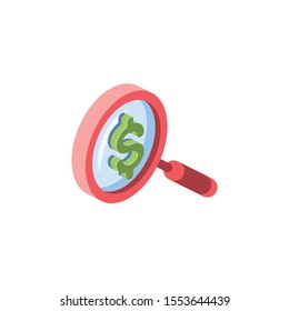 Search dollar investment analytics. Vector 3d isometric, color web icon, new flat style. Creative illustration design, idea for infographics.