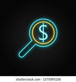 search, dollar neon vector icon. Blue and yellow neon vector icon