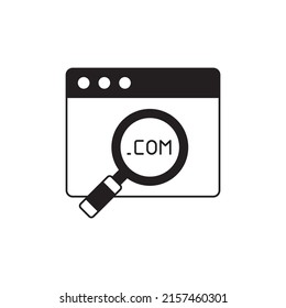 Search domain, domain on magnifier icon in black flat glyph, filled style isolated on white background