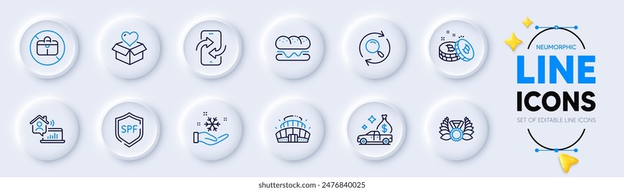 Search, Donation and Cash transit line icons for web app. Pack of Laureate medal, Burger, Arena stadium pictogram icons. Spf protection, Work home, Phone transfer signs. No handbag. Vector