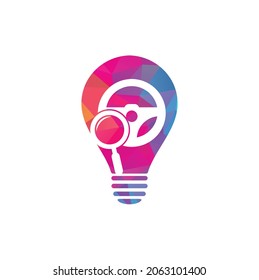 Search drive bulb shape concept logo template. Search drive logo design icon vector. Steering wheel and magnifying symbol or icon.	