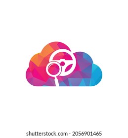 Search drive cloud shape concept logo template. Search drive logo design icon vector. Steering wheel and magnifying symbol or icon.
