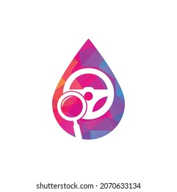 Plantilla de logotipo de concepto de forma de caída de la unidad de búsqueda. Vector de icono de diseño del logotipo de la unidad de búsqueda. Volante de dirección y símbolo o icono de aumento.
