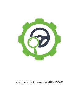Search drive gear shape concept logo template. Search drive logo design icon vector. Steering wheel and magnifying symbol or icon.