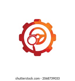 Search drive gear shape concept logo template. Search drive logo design icon vector. Steering wheel and magnifying symbol or icon.	