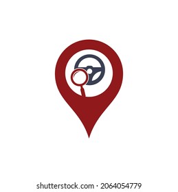 Search drive gps shape concept logo template. Search drive logo design icon vector. Steering wheel and magnifying symbol or icon.