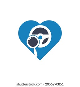Search drive heart shape concept logo template. Search drive logo design icon vector. Steering wheel and magnifying symbol or icon.