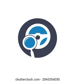 Search drive logo template. Search drive logo design icon vector. Steering wheel and magnifying symbol or icon.