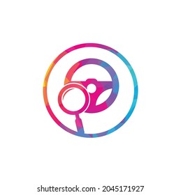 Search drive logo template. Search drive logo design icon vector. Steering wheel and magnifying symbol or icon.