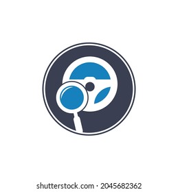 Search drive logo template. Search drive logo design icon vector. Steering wheel and magnifying symbol or icon.