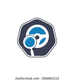 Search drive logo template. Search drive logo design icon vector. Steering wheel and magnifying symbol or icon.