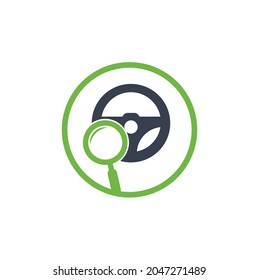 Plantilla de logotipo de la unidad de búsqueda. Vector de icono de diseño del logotipo de la unidad de búsqueda. Volante de dirección y símbolo o icono de aumento.