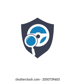 Search drive shield shape concept logo template. Search drive logo design icon vector. Steering wheel and magnifying symbol or icon.