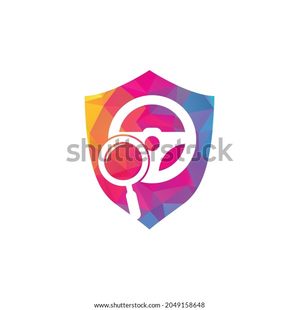 Search drive shield shape concept logo template.
Search drive logo design icon vector. Steering wheel and magnifying
symbol or icon.