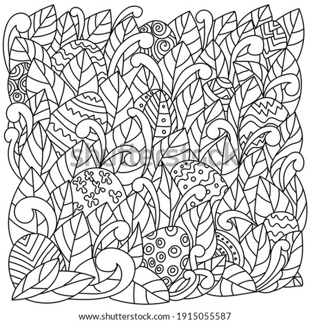 Search for Easter eggs, egg hunt in coloring pages, patterned eggs among the leaves for kids activity vector illustration