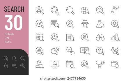 Search Editable Icons set. Vector illustration in modern thin line style of research related icons: inspector, monitoring, analysis, and more. Pictograms and infographics for mobile apps