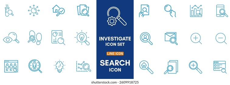 Search Editable Icons set. Vector illustration in modern thin line style of research related icons: inspector, monitoring, analysis, and more. Pictograms and infographics for mobile apps.