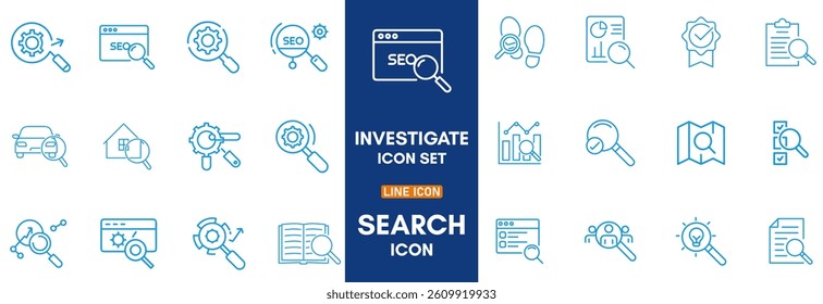 Search Editable Icons set. Vector illustration in modern thin line style of research related icons: inspector, monitoring, analysis, and more. Pictograms and infographics for mobile apps.