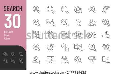 Search Editable Icons set. Vector illustration in modern thin line style of research related icons: inspector, monitoring, analysis, and more. Pictograms and infographics for mobile apps