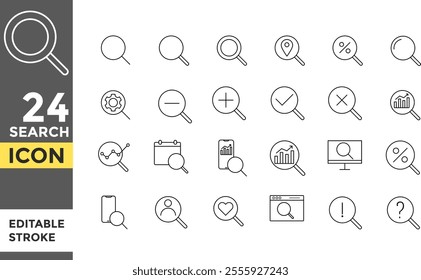 Search Editable line stroke icon set.  magnifying glass. Zoom In, Zoom Out. magnifier or loupe sign. Search symbol
