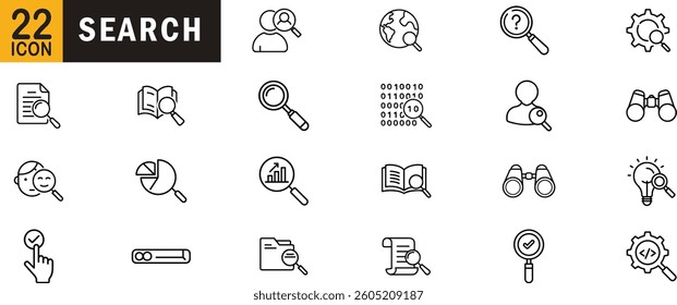 Search editable outline icon set. Magnifying glass, web search, data exploration, file finder, research tool and more.