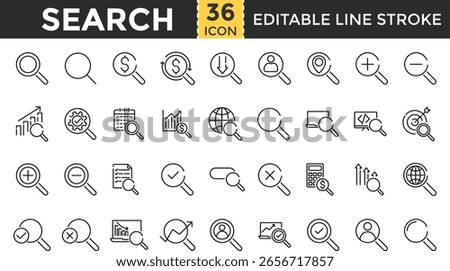 Search Editable stroke line icon set. Magnifying glass, inspector, detective, seo, search bar, research, monitoring, zoom in and zoom out and more. data analysis symbol. loupe outline icons collection