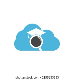 Logo für das Konzept der Suchmaschinenbildung Graduate Hat und Magnifying Glass Logo Design. Studentenfinder, Vektorlogo-Vorlage.