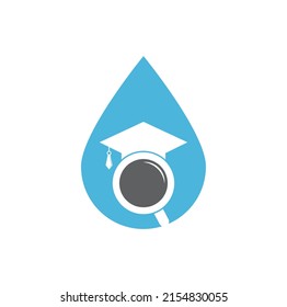 Search education drop shape concept logo. Graduate Hat and Magnifying Glass logo design. Student finder vector logo template.	