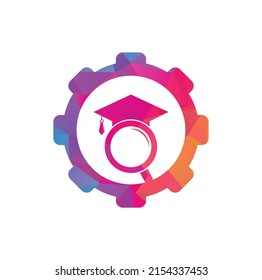 Search education gear shape concept logo. Graduate Hat and Magnifying Glass logo design. Student finder vector logo template.