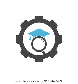 Search education gear shape concept logo. Graduate Hat and Magnifying Glass logo design. Student finder vector logo template.