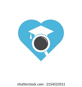 Search education heart shape concept logo. Graduate Hat and Magnifying Glass logo design. Student finder vector logo template.	