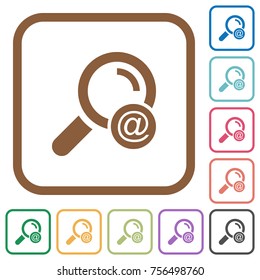 Search email address simple icons in color rounded square frames on white background