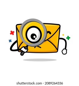 concepto de correo electrónico de búsqueda. imagen aislada de caricatura de correo lindo sujetando la ilustración de un vector de vidrio de aumento