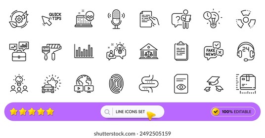 Search employee, Bar diagram and Idea line icons for web app. Pack of Quick tips, Court building, Chemical hazard pictogram icons. Consulting, Video conference, Hold document signs. Search bar. Vector