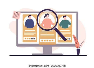 Search employee for company based on rating on computer screen. Searching through web page. HR specialists choosing best candidate for job. Recruitment staff and cv resume concept. Vector illustration