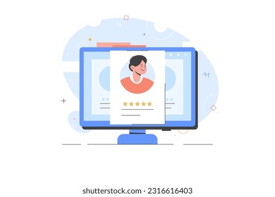 Search employee for company based on rating on computer screen. Searching through web page vector illustration, flat cartoon. Job interview online resume employees rating hr. 