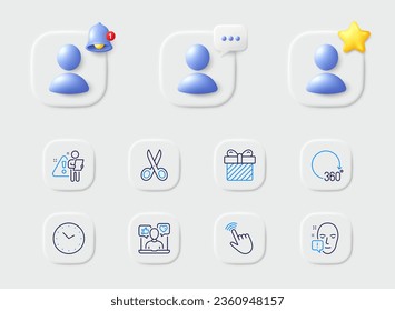 Search employee, Face attention and Time line icons. Placeholder with 3d star, reminder bell, chat. Pack of 360 degrees, Surprise, Cursor icon. Cut, Social media pictogram. Vector