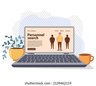 Buscar empleado. Recursos humanos.Entrevista de trabajo a distancia. Tecnología de la comunicación.Aplicación CV.El hombre de negocios reanuda el formulario en la pantalla del portátil.Aislado en el fondo blanco. Ilustración plana vectorial.