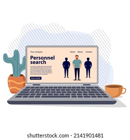 Search for employee. Human resources.Job interview remotely. Communication technology.CV application.Business man resume form on laptop display.Isolated on white background. Vector flat illustration.