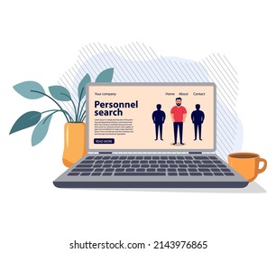Buscar empleado. Recursos humanos. Entrevista de trabajo a distancia. Tecnología de la comunicación. Hombre afroamericano. Aislado sobre el fondo blanco. Ilustración plana vectorial.