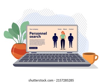 Search for employee. Human resources.Job interview remotely woman.Communication technology.Isolated on white background. Vector flat illustration.