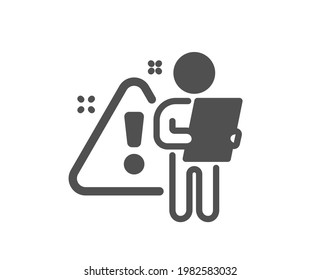 Icono de búsqueda de empleado. Signo de advertencia de entrevista. Símbolo de alerta de precaución. Elemento de diseño de calidad. Icono de empleado de búsqueda de estilo plano. Trazo editable. Vector