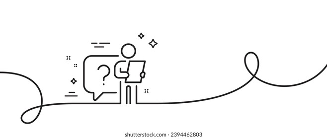 Search employee line icon. Continuous one line with curl. Interview candidate sign. Question mark symbol. Search employee single outline ribbon. Loop curve pattern. Vector