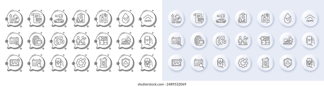Search employee, Online storage and Sleep line icons. White pin 3d buttons, chat bubbles icons. Pack of Photo location, Inspect, Car key icon. Vector