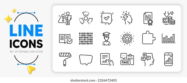 Search employee, Puzzle and Chemical hazard line icons set for app include Student, Winner star, Graph phone outline thin icon. Binary code, Deflation, Chat message pictogram icon. Vector