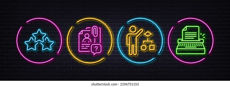 Search Employee, Ranking Stars And Algorithm Minimal Line Icons. Neon Laser 3d Lights. Typewriter Icons. For Web, Application, Printing. Questions For Candidate, Winner Award, Developers Job. Vector