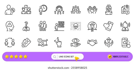 Search employee, Social distance and Business meeting line icons for web app. Pack of Star rating, Love letter, Hiring employees pictogram icons. Hold heart, Business skill, Heart signs. Vector