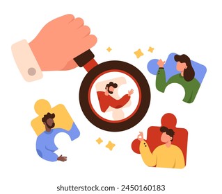 Search for employee of team, employment. Employer holding magnifying glass in hand to magnify profiles of candidates inside puzzle pieces, choose staff for vacancy cartoon vector illustration