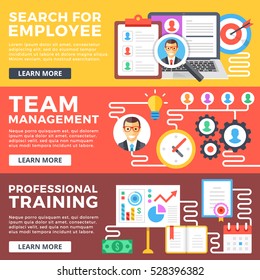 Search For Employee, Team Management, Professional Training Flat Illustration Concepts Set. Flat Design Graphic Elements For Web Banners, Web Site, Printed Materials, Infographics. Vector Illustration